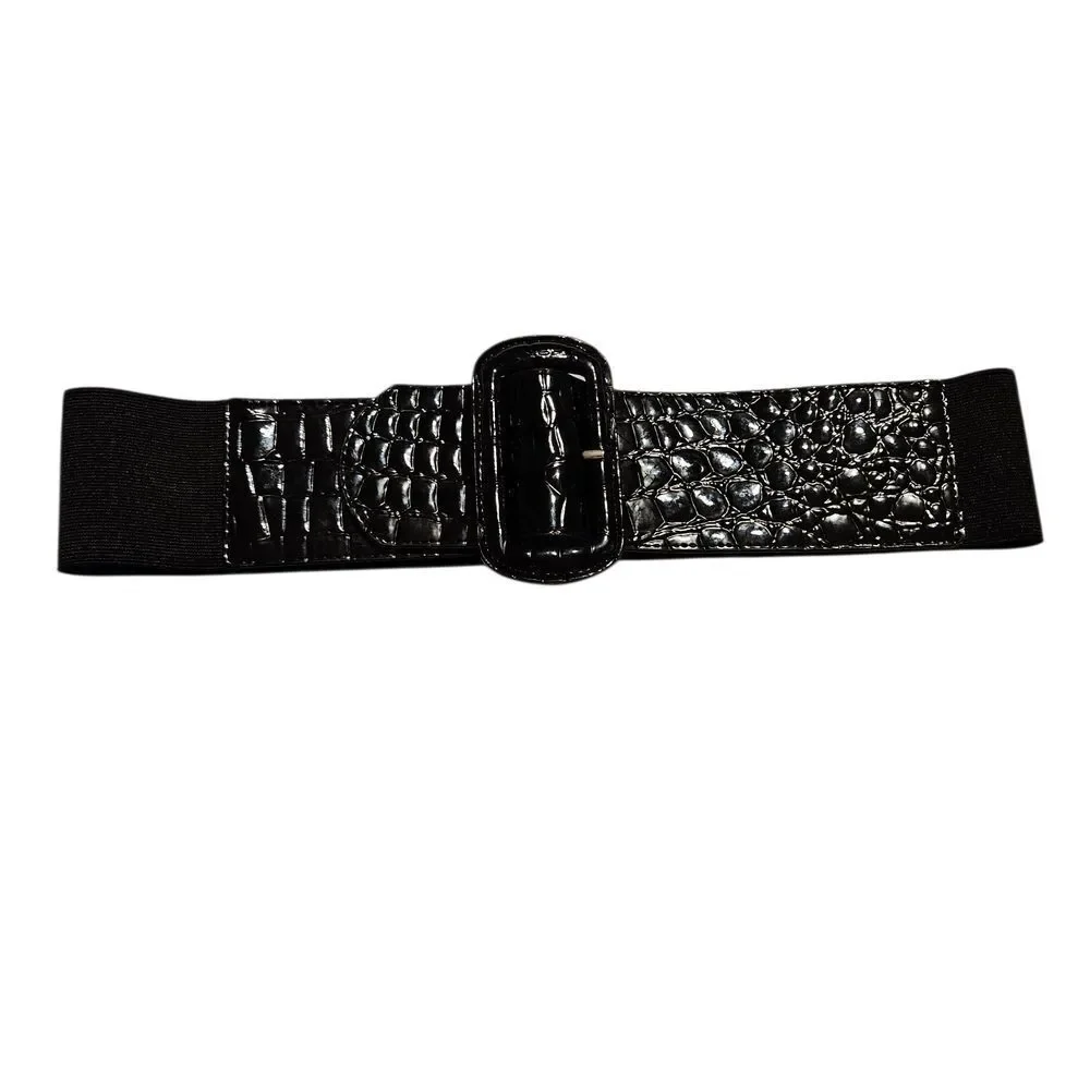 Black Croc Embossed Belt Wide Elastic Band Waist 29